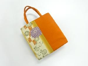 リサイクル　縮緬地切り嵌め市松に菊模様手提げハンドバッグ